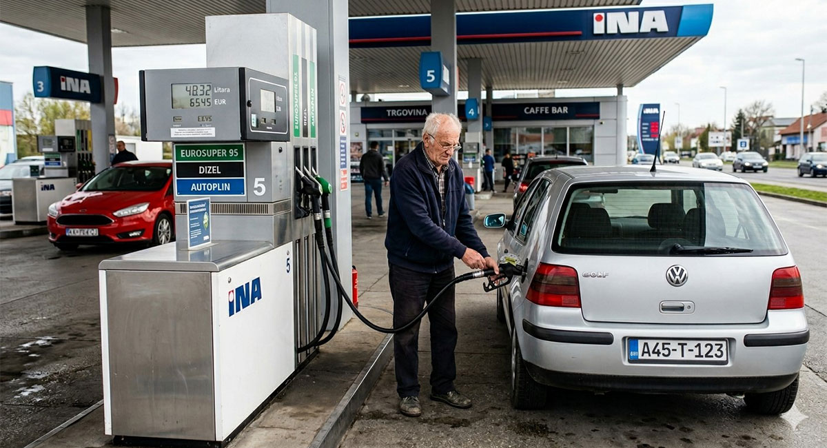 Penzioner sipa gorivo na benzinskoj pumpi